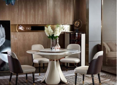 Dining table 6x Chairs Dining room Leather Table Chair Round Modern Design Furniture